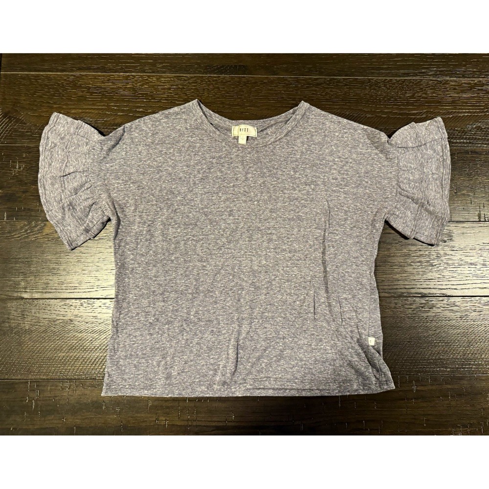NYTT Womens Knit Cotton T-Shirt S Gray Solid Ruffle Sleeve Crew Neck